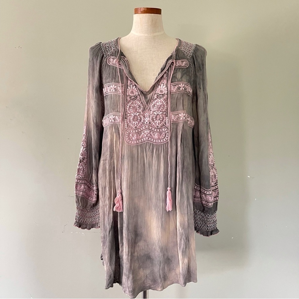 Upcycled Free People embroidered tunic dress size medium hand dyed wearable art
